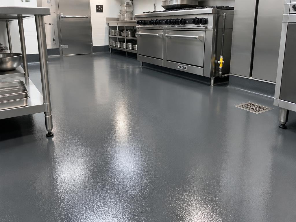 Seamless restaurant kitchen floor after polyurethane cement coating