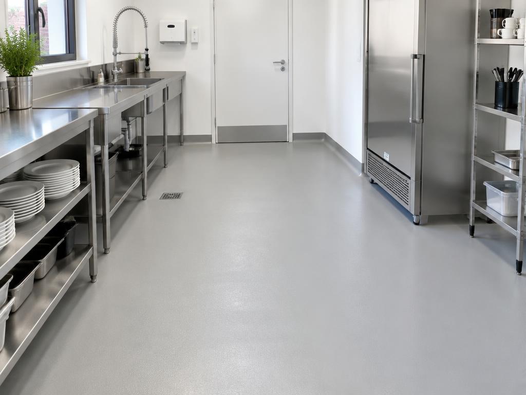 Seamless cafe kitchen floor after polyurethane cement coating