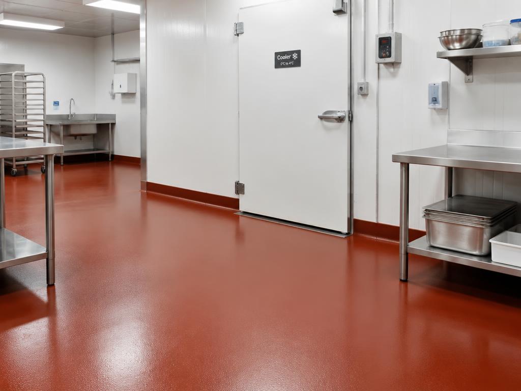Seamless food preparation area floor after polyurethane cement coating