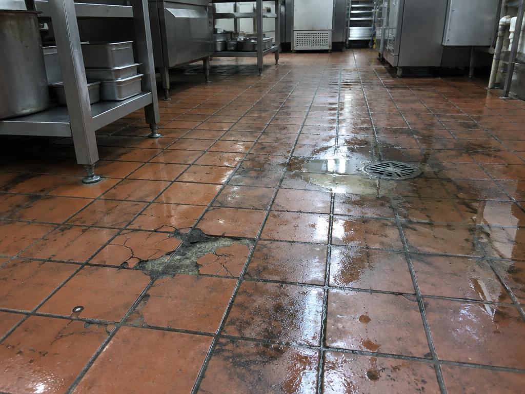 Worn tiled commercial kitchen floor before polyurethane cement coating