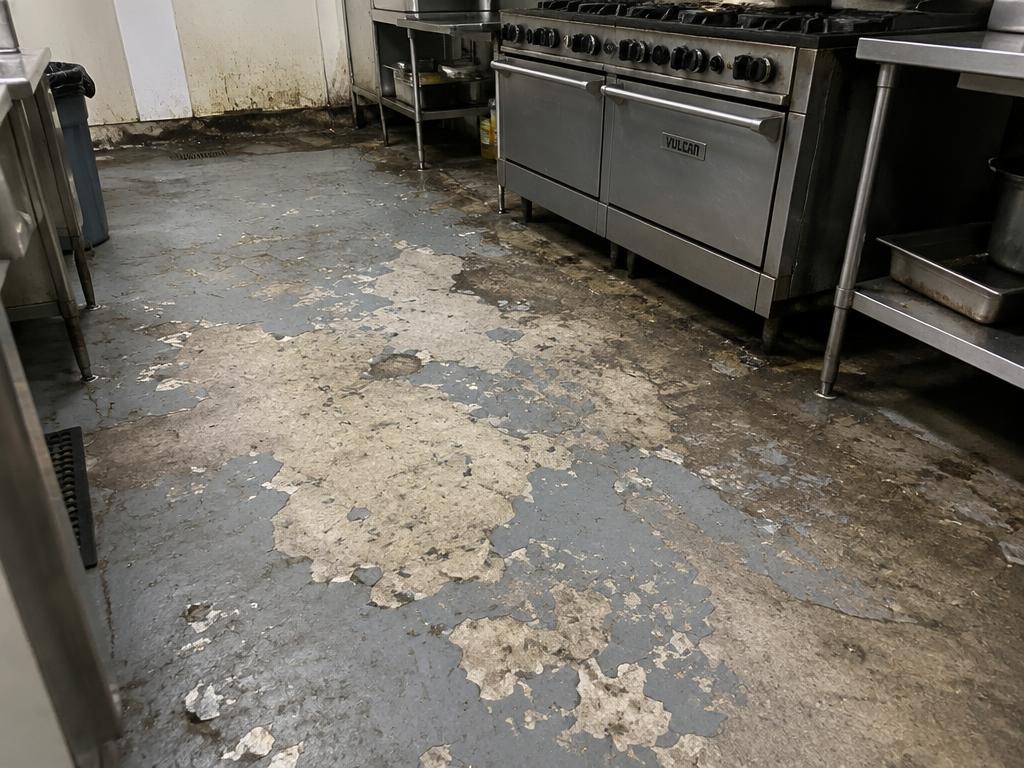 Worn restaurant kitchen floor before polyurethane cement coating