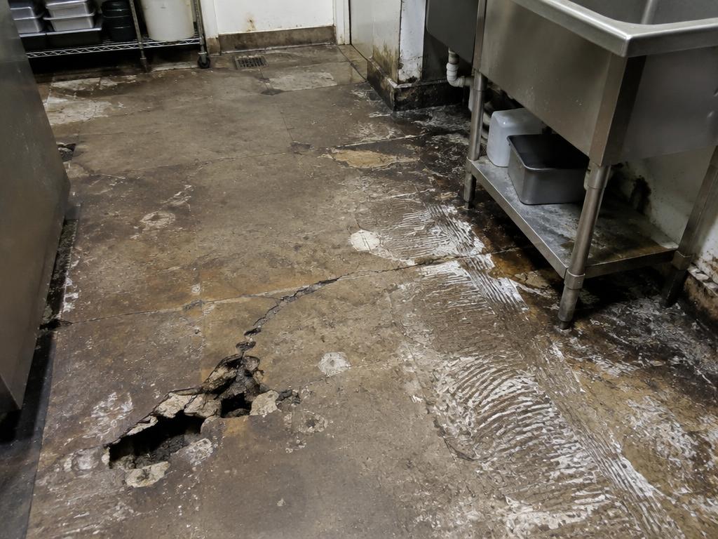 Worn cafe kitchen floor before polyurethane cement coating